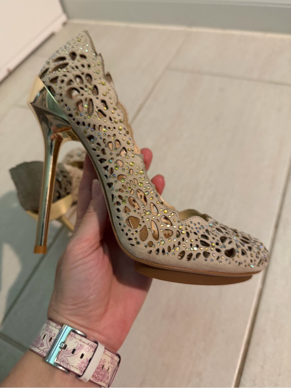 BCBGMaxAzria Peacock Nude Laser-Cut Pumps with Gold Stiletto Heel - Picture 14 of 14